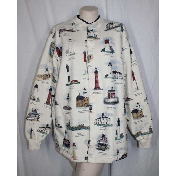 Vintage Art Unlimited XL USA Lighthouses Button Front Fleece Jacket Unisex - Picture 1 of 5